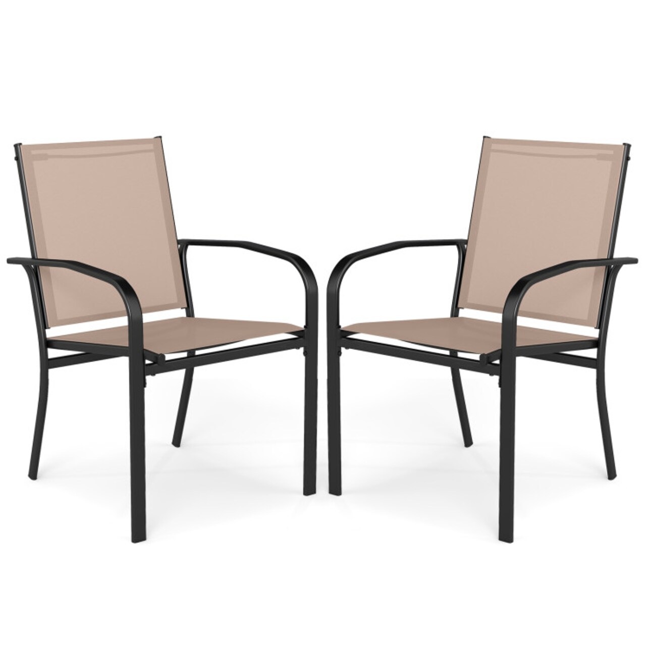 Outdoor Dining Chairs Set of 2 with High Back and Metal Frame-Light Brown